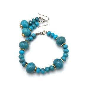 Bracelet Earrings Beaded Plastic Blue Dangles Set Southwestern